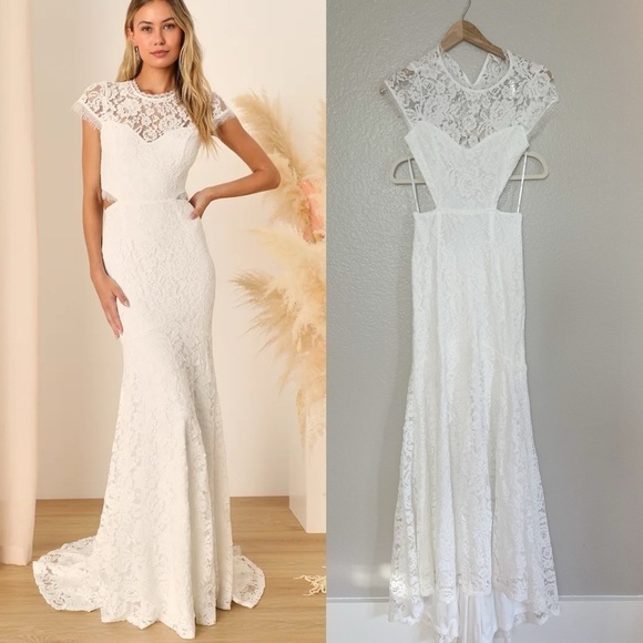 Devoted to Bliss White Lace Cap Sleeve Cutout Trumpet Maxi Dress! - Picture 1 of 9
